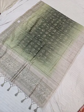 Tussar and Bottle Green Dual Tone Nartaki Motif Raw Kantha Soft Silk Saree