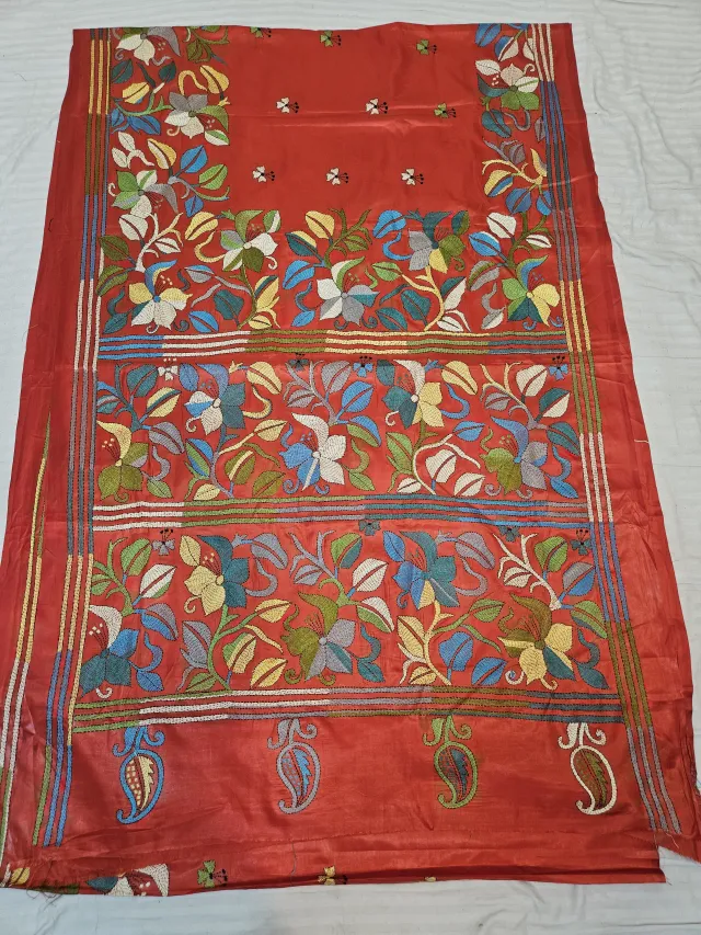 Scarlet Red Blended Bangalore Silk Hand Embroidery Kantha Saree with Multi-Color Floral Garden Pallu