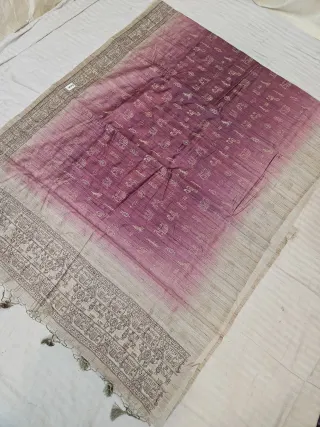 Tussar and Magenta Dual Tone Nartaki Motif Raw Kantha Soft Silk Saree