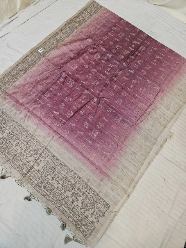 Tussar and Magenta Dual Tone Nartaki Motif Raw Kantha Soft Silk Saree