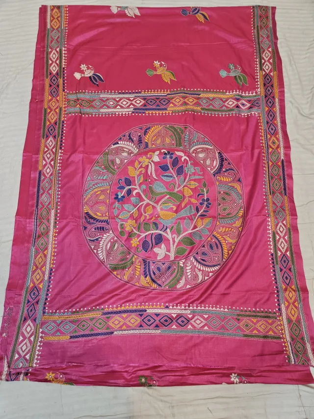 Rani Pink Blended Bangalore Silk Hand Embroidery Kantha Saree with Royal Mandala Bird Motif Pallu