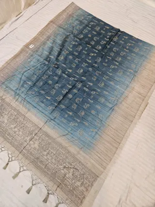 Sky Blue and Tussar Dual Tone Nartaki Motif Raw Kantha Soft Silk Saree