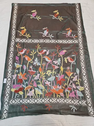 Deep Brown Blended Bangalore Silk Hand Embroidery Kantha Saree with Lotus Pond & Bird Motif Pallu