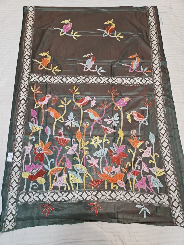 Deep Brown Blended Bangalore Silk Hand Embroidery Kantha Saree with Lotus Pond & Bird Motif Pallu
