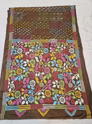 Coffee Brown Blended Bangalore Silk Hand Embroidery Kantha Saree with Multi-Color Floral Garden Pallu
