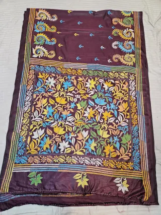 Deep Plum Brown Blended Bangalore Silk Hand Embroidery Kantha Saree with Botanical Floral Garden Pallu