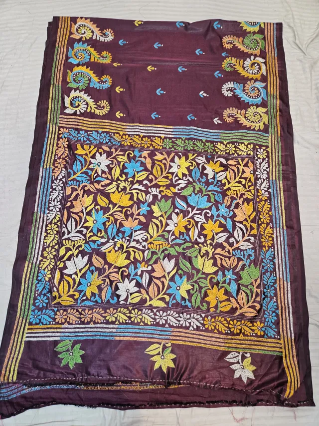 Deep Plum Brown Blended Bangalore Silk Hand Embroidery Kantha Saree with Botanical Floral Garden Pallu