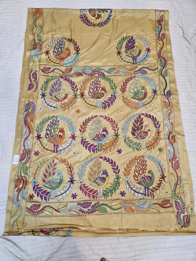 Tussar Beige Blended Bangalore Silk Hand Embroidery Kantha Saree with Peacock Medallion Grid Pallu