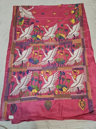 Rani Pink Blended Bangalore Silk Hand Embroidery Kantha Saree with White Swan Lotus Pond Pallu