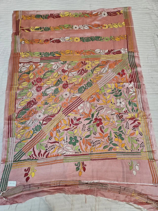 Dusty Rose Blended Bangalore Silk Hand Embroidery Kantha Saree with Diagonal Botanical Garden Pallu