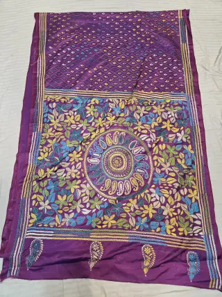 Royal Purple Blended Bangalore Silk Hand Embroidery Kantha Saree with Multi-Color Mandala & Floral Pallu