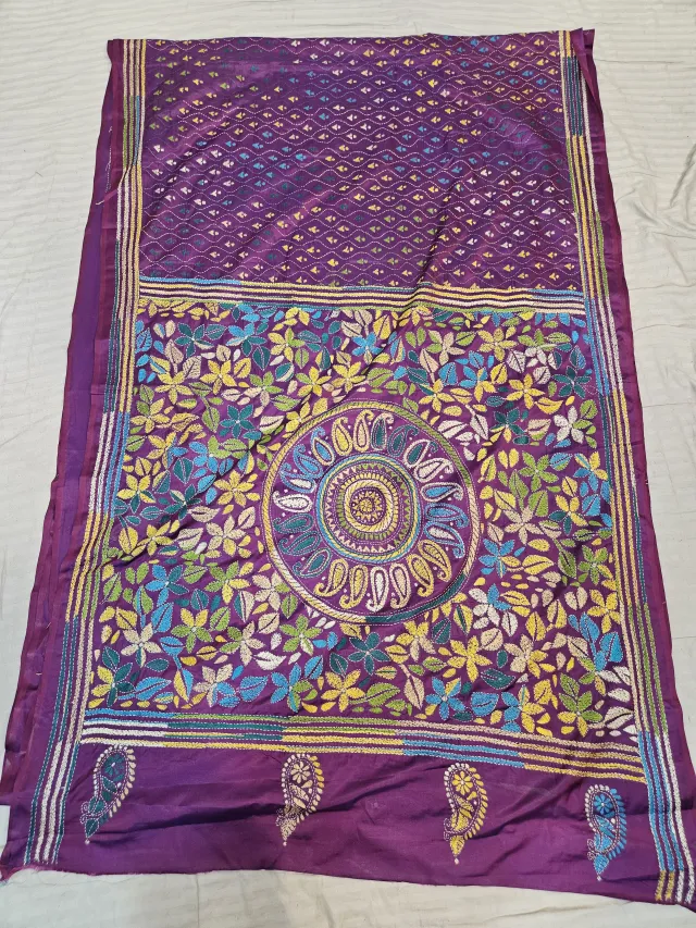 Royal Purple Blended Bangalore Silk Hand Embroidery Kantha Saree with Multi-Color Mandala & Floral Pallu