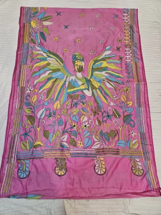 Rose Pink Blended Bangalore Silk Hand Embroidery Kantha Saree with Winged Angel Motif Pallu