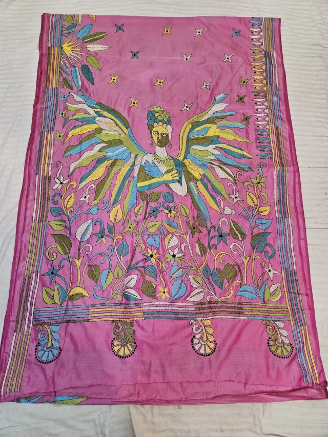 Rose Pink Blended Bangalore Silk Hand Embroidery Kantha Saree with Winged Angel Motif Pallu