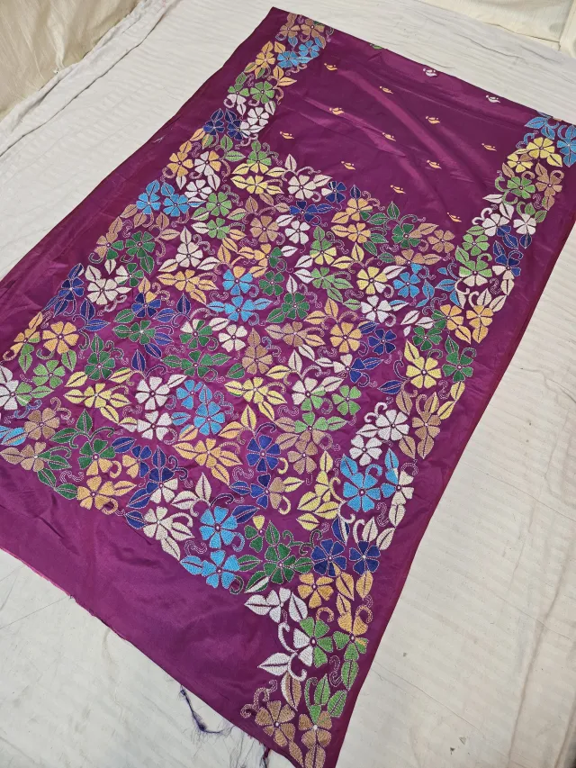 Royal Magenta Blended Bangalore Silk Hand Embroidery Kantha Saree with All-Over Floral Meadow Pallu