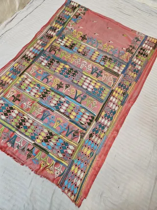 Peach Blended Bangalore Silk Hand Embroidery Kantha Saree with Multi-Color Diamond Lattice Pallu