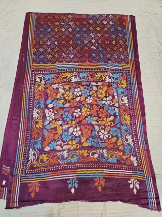 Plum Purple Blended Bangalore Silk Hand Embroidery Kantha Saree with Multi-Color Floral Garden & Paisley Pallu