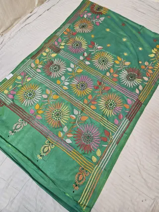 Emerald Green Blended Bangalore Silk Hand Embroidery Kantha Saree with Multi-Color Sunflower Motif Pallu