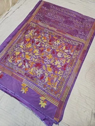 Purple Blended Bangalore Silk Hand Embroidery Kantha Saree with Multi-Color Floral Garden Pallu