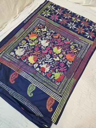 Navy Blue Hand Embroidered Floral Tapestry and Paisley Kantha Stitch Blended Bangalore Silk Saree
