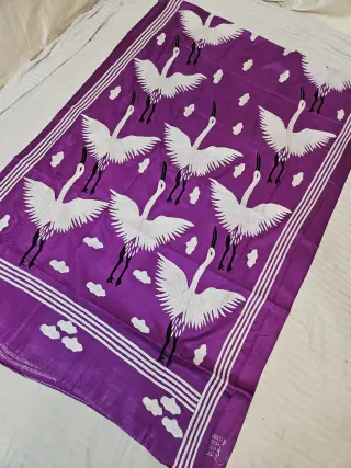 Deep Purple Hand Embroidered Flying Crane and Cloud Motif Kantha Stitch Blended Bangalore Silk Saree