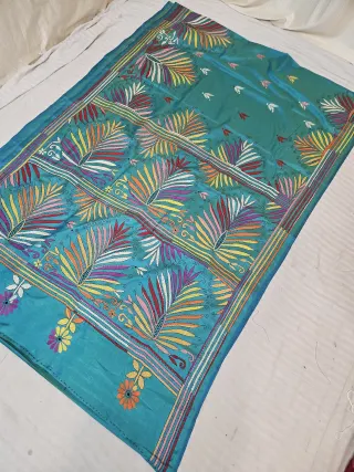 Sea Green Hand Embroidered Tiered Fan Palm Leaf Kantha Stitch Blended Bangalore Silk Saree