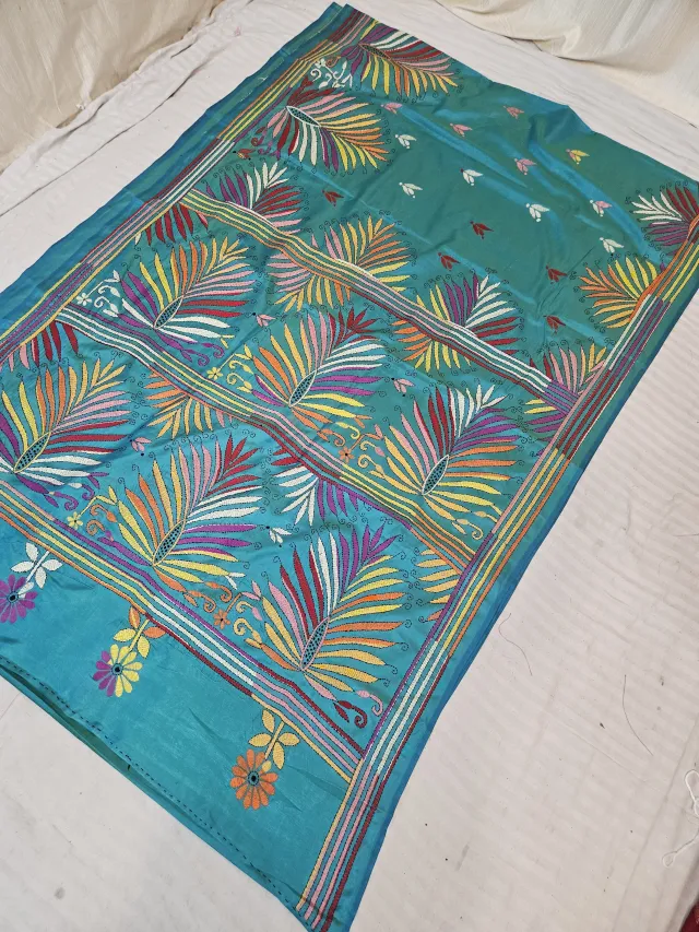 Sea Green Hand Embroidered Tiered Fan Palm Leaf Kantha Stitch Blended Bangalore Silk Saree