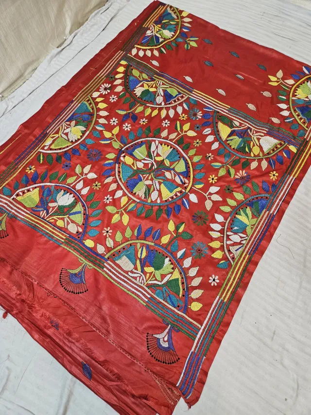 Crimson Red Hand Embroidered Circular Mandala and Peacock Arch Kantha Stitch Blended Bangalore Silk Saree