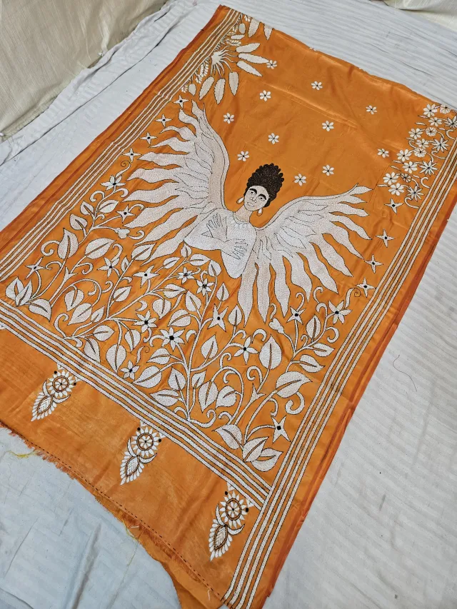 Orange Hand Embroidered Winged Angel and Floral Vine Kantha Stitch Blended Bangalore Silk Saree