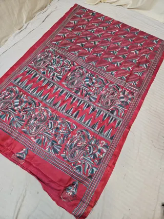 Strawberry Pink Hand Embroidered Tiered Paisley Kalka Panel Kantha Stitch Blended Bangalore Silk Saree