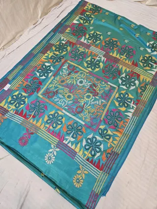 Sea Green Hand Embroidered Sunflower Panel and Rosette Border Kantha Stitch Blended Bangalore Silk Saree