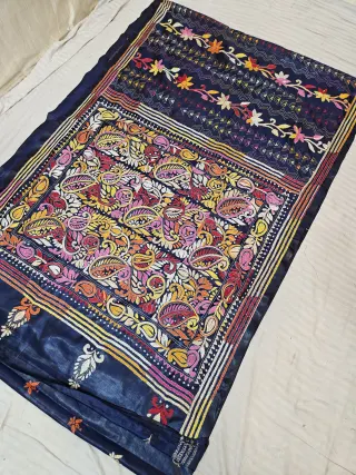 Navy Blue Hand Embroidered Intricate Paisley Kalka Tapestry Kantha Stitch Blended Bangalore Silk Saree