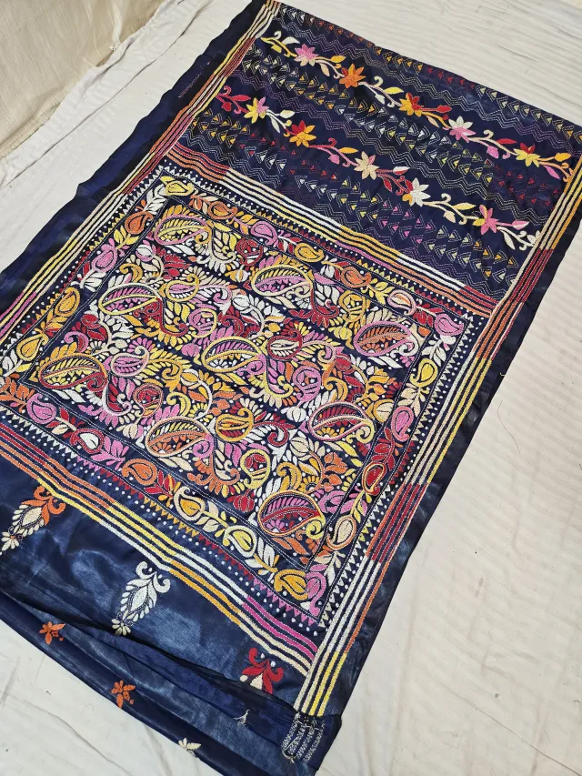 Navy Blue Hand Embroidered Intricate Paisley Kalka Tapestry Kantha Stitch Blended Bangalore Silk Saree