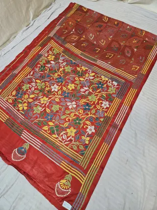 Crimson Red Hand Embroidered Floral Tapestry Panel and Geometric Grid Kantha Stitch Blended Bangalore Silk Saree
