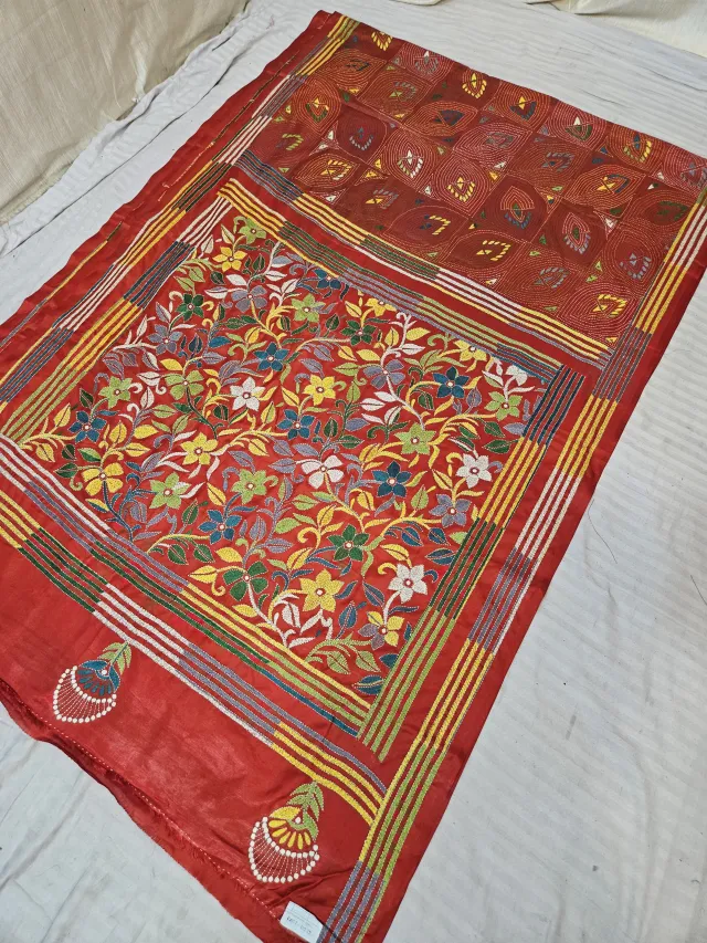 Crimson Red Hand Embroidered Floral Tapestry Panel and Geometric Grid Kantha Stitch Blended Bangalore Silk Saree