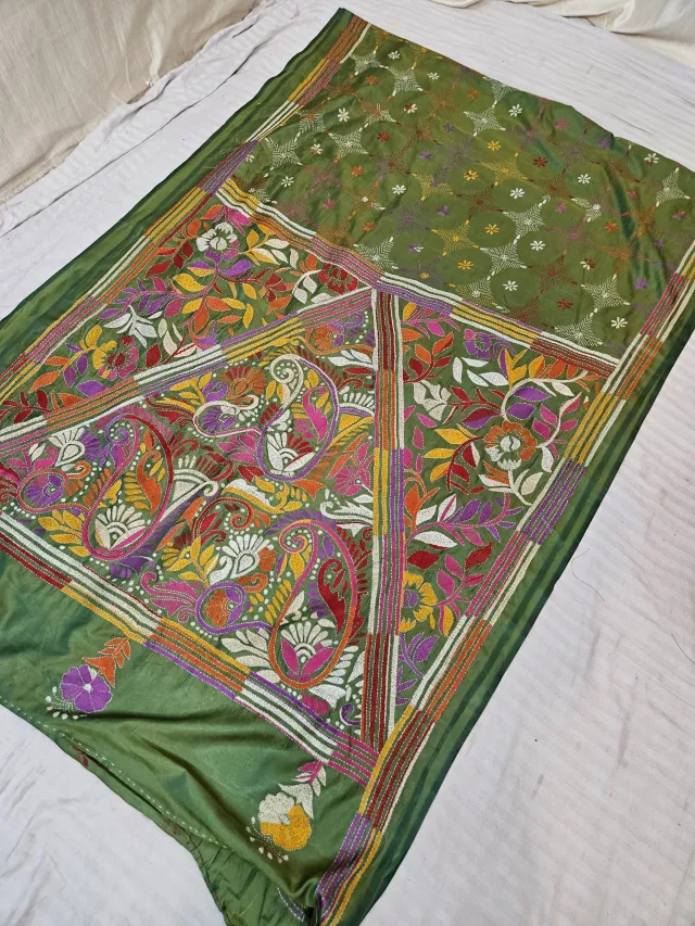 Olive Green Hand Embroidered Triangular Paisley Kalka and Floral Vine Kantha Stitch Blended Bangalore Silk Saree