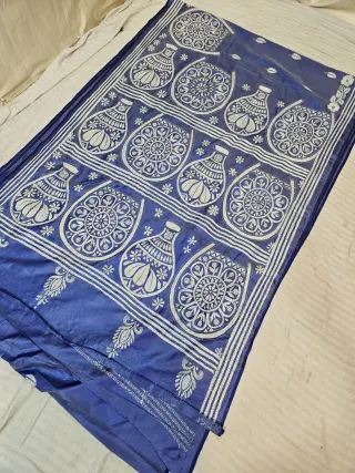 Royal Blue Hand Embroidered Mangal Ghat and Mandala Medallion Kantha Stitch Blended Bangalore Silk Saree
