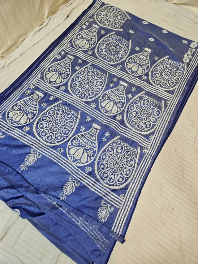 Royal Blue Hand Embroidered Mangal Ghat and Mandala Medallion Kantha Stitch Blended Bangalore Silk Saree