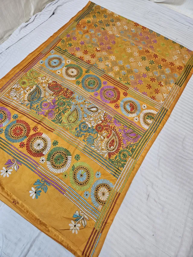 Mustard Yellow Hand Embroidered Paisley Kalka and Rosette Medallion Kantha Stitch Blended Bangalore Silk Saree