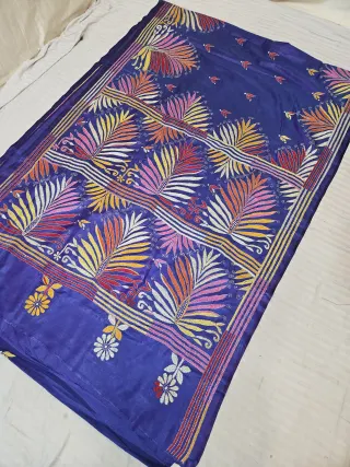 Royal Blue Hand Embroidered Tiered Fan Palm Leaf Kantha Stitch Blended Bangalore Silk Saree