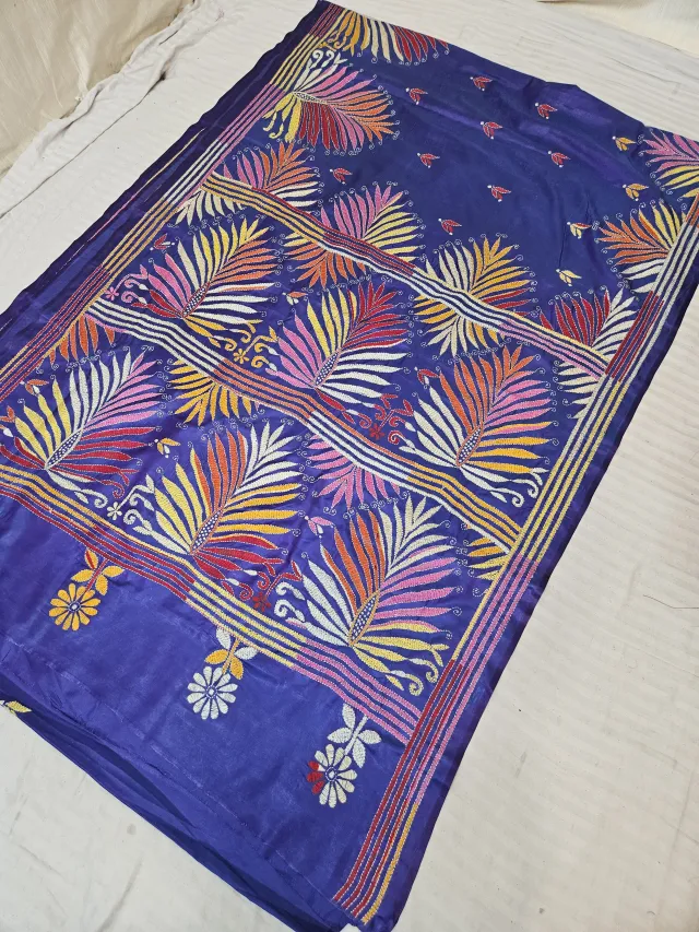 Royal Blue Hand Embroidered Tiered Fan Palm Leaf Kantha Stitch Blended Bangalore Silk Saree