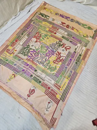 Beige Hand Embroidered Botanical Tapestry Panel and Multi Border Kantha Stitch Blended Bangalore Silk Saree