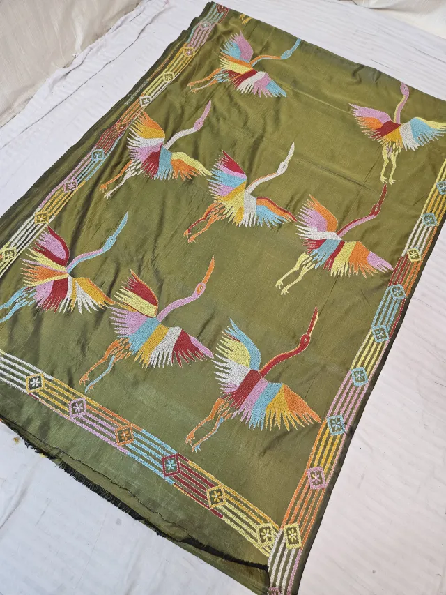 Olive Green Hand Embroidered Multi Colour Flying Crane Kantha Stitch Blended Bangalore Silk Saree.