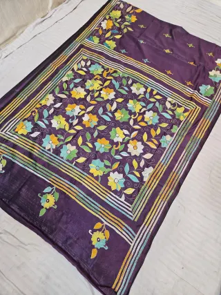 Deep Purple Hand Embroidered Floral Tapestry Panel Kantha Stitch Blended Bangalore Silk Saree