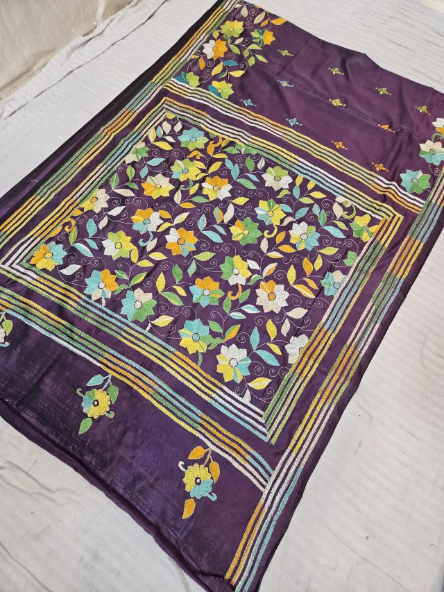 Deep Purple Hand Embroidered Floral Tapestry Panel Kantha Stitch Blended Bangalore Silk Saree