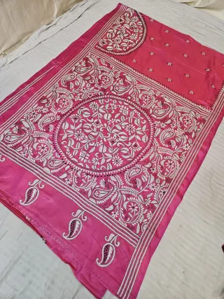 Baby Pink Hand Embroidered Floral Medallion and Paisley Kalka Kantha Stitch Blended Bangalore Silk Saree