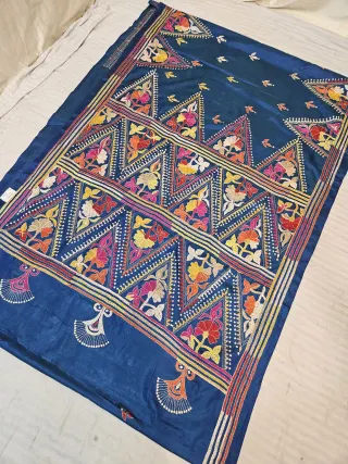 Navy Blue Hand Embroidered Interlocking Triangular Floral Panel Kantha Stitch Blended Bangalore Silk Saree