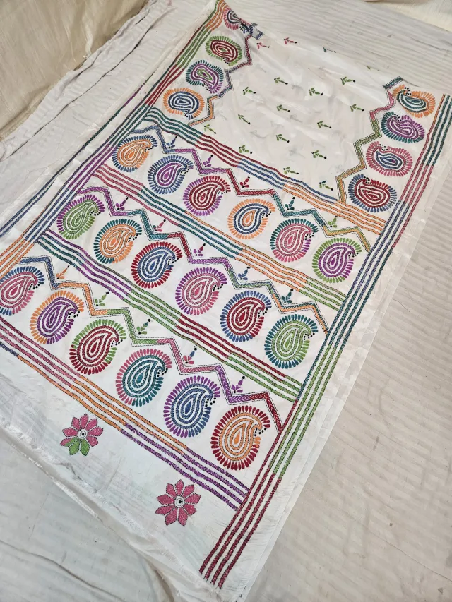 Off White Hand Embroidered Multi Colour Paisley Kalka and Chevron Kantha Stitch Blended Bangalore Silk Saree