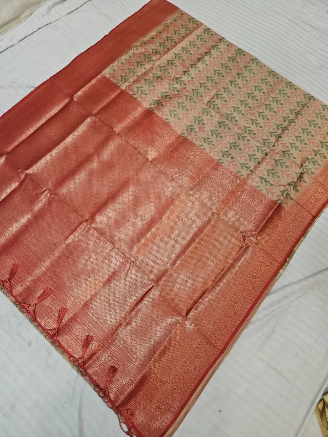 Ivory Cream Ikkat Kota Soft Silk Saree with Rich Contrast Red Zari Brocade Pallu