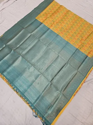 Mustard Yellow Ikkat Kota Soft Silk Saree with Rich Contrast Teal Green Zari Brocade Pallu